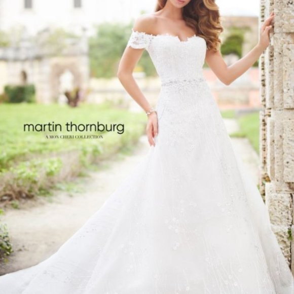 NEW Floral Wedding Dress, Embroidery Lace Beaded Off Shoulder, Mon Cheri… - Picture 10 of 11